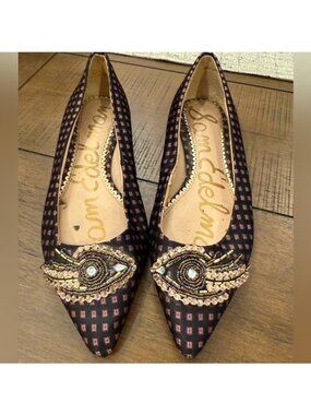 Sam Edelman Eye Embellished Pointed Toe Flats Black Red Beaded Size 5